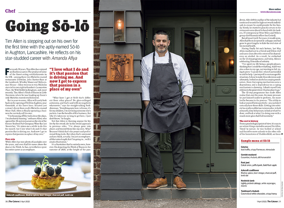 The Caterer magazine article featuring chef Tim Allen from so-lo restaurant in Aughton Lancashire. Photography Patricia Niland www.niland.photography
